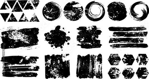 Set of black grunge abstract background templates. Brush paint ink triangle round square hexagon shaped