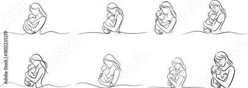 Line art of mother with a child, modern minimalist art set on white background