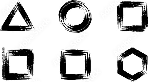 Set of black grunge abstract background templates. Brush paint ink triangle round square hexagon shaped