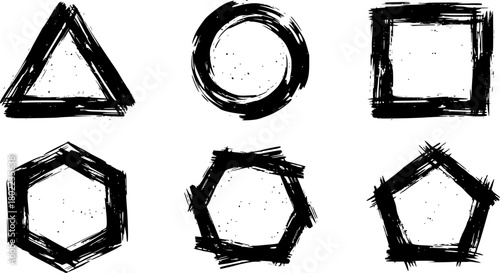 Set of black grunge abstract background templates. Brush paint ink triangle round square hexagon shaped