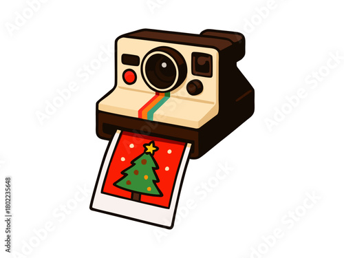 Retro Camera Printing Christmas Photo Vector Illustration