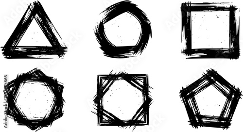 Set of black grunge abstract background templates. Brush paint ink triangle round square hexagon shaped