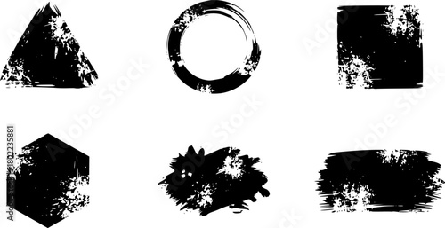 Set of black grunge abstract background templates. Brush paint ink triangle round square hexagon shaped
