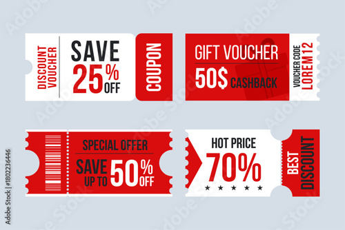 Set of discount coupon ticket. Various coupon promotion illustration. Shopping Discounts.