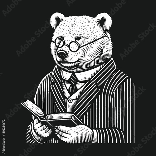 Intelligent Bear Reading Book in Suit and Glasses.