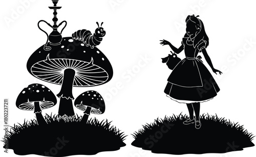 Black silhouette of Alice in Wonderland with giant wormy mushroom and hookah, and Alice standing on the grass.