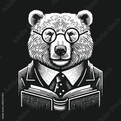 Intelligent Bear Reading Book Wearing Glasses and Suit.