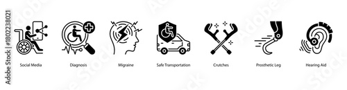 Health Accessibility web banner illustration featuring Social Media, Diagnosis, Migraine, Safe Transportation, Crutches, Prosthetic Leg, and Hearing Aid. Promotes mobility and medical innovation.