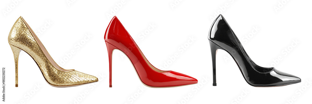 Obraz premium Glamorous red, black and golden high-heel stiletto shoes, isolated on transparent background. Perfect for fashion banners, e-commerce, social media posts, invitations and luxury designs. PNG .