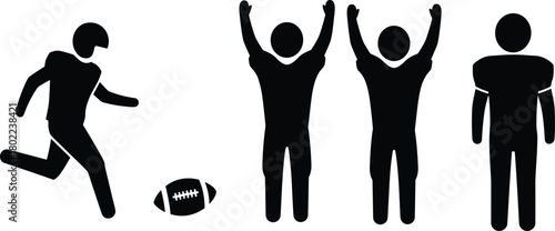 American football silhouette, player action pose, touchdown celebration, running motion, vector art, black icon, cad drawing flat illustration, sports graphic