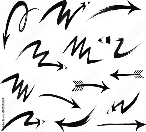 Hand drawn brush stroke arrows collection with various directions and styles