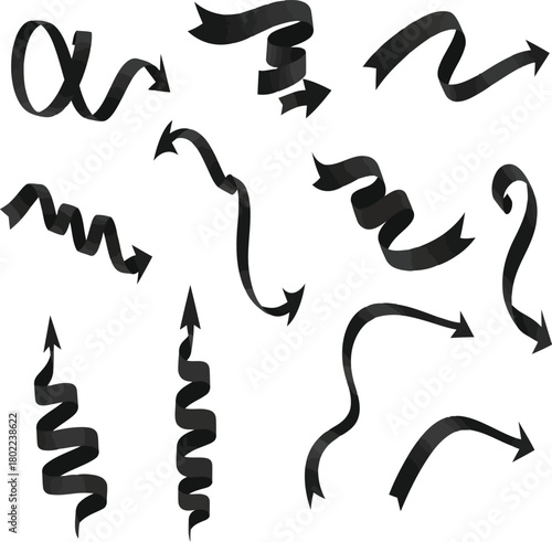 Variety of black ribbon arrows, different curves, directional vector elements