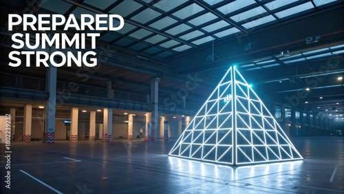 Illuminated Abstract Geometric Pyramid Structure in a Modern Warehouse Setting