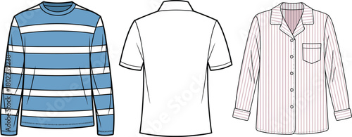 Striped crew shirt, polo back view, pajama top sketch, fashion flat design, CAD template, cad drawing flat vector illustration