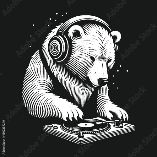 Polar Bear DJ Spinning Vinyl Records with Headphones on Black Background.