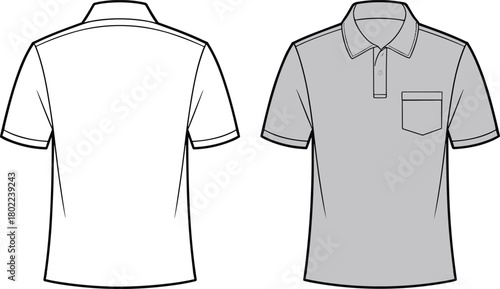 Man's polo shirt, short sleeve fashion, chest pocket design, button placket sketch, CAD template, cad drawing flat vector illustration