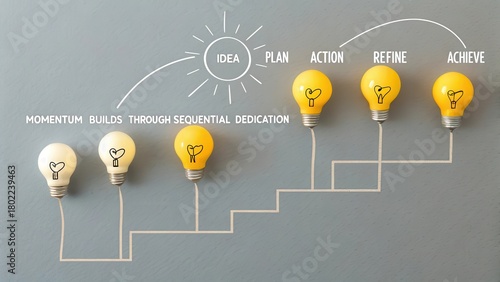 Illuminating the path to success through sequential dedication, visualizing the stages of idea development and implementation.