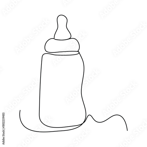 Continuous single line drawing of kitdes baby bottle with handle and nipple, minimal modern contour illustration design.