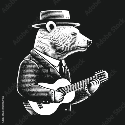 Bear Playing Guitar in Suit and Hat Monochrome Illustration.