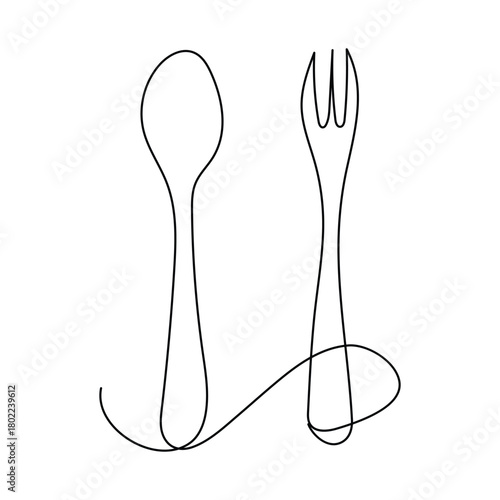Continuous one line drawing.Forks, spoons, knife plates and all eating and cooking utensils, can be used for restaurant logos, cakes, business art, banners and others. Black and white vector Design.