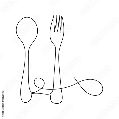 Continuous one line drawing.Forks, spoons, knife plates and all eating and cooking utensils, can be used for restaurant logos, cakes, business art, banners and others. Black and white vector Design.