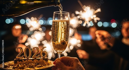 Celebrating the new year 2026 with champagne and sparklers at night