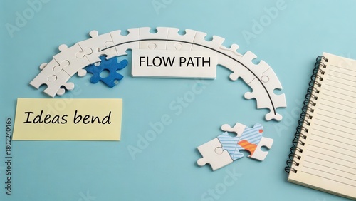 Puzzle pieces forming a flow path with 'Flow Path' label and scattered pieces