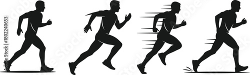 Running silhouette sequence, human motion stages, jogging to sprint, speed progression, vector art, black icon, cad drawing flat illustration, sports graphic