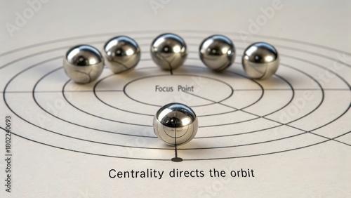 Seven polished metallic spheres arranged in concentric circles, highlighting centrality directing the orbit with a clear focus point