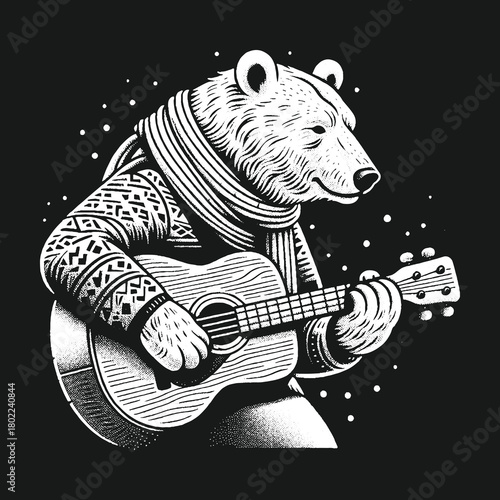 Bear Playing Guitar in Winter Attire Monochrome Illustration.