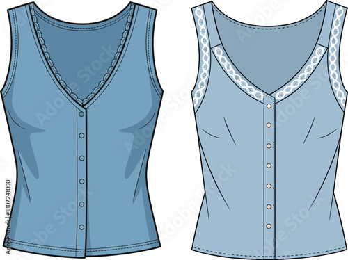 Women's sleeveless tops, lace trim blouse, button front design, V-neck fashion, garment sketch, CAD drawing flat vector illustration
