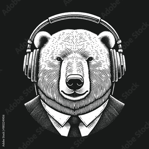 Bear in Suit with Headphones Listening to Music.