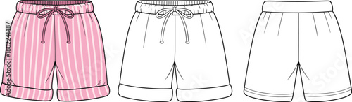 Shorts front view, fashion flat sketch, technical garment drawing, striped cuff detail, drawstring waist, black silhouette, cad drawing flat vector illustration