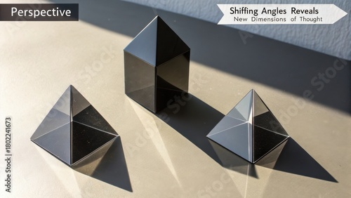 Three precisely cut geometric prisms casting shadows on a light neutral surface with clean lines and sharp edges