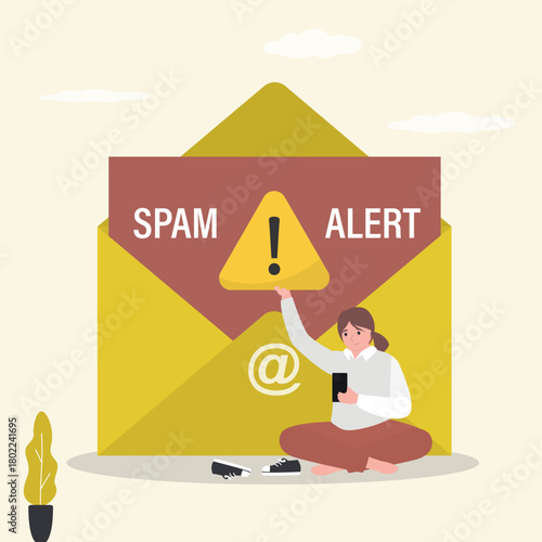 Danger of scam and phishing. Woman user with warning spam alert sign. Malware from email. Hack, steal password or personal data. Hacker, virus attack, trojan, adware, spyware