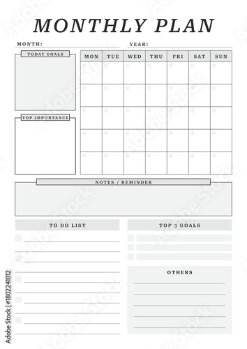Minimalist Monthly Planner Template with Calendar and Goals