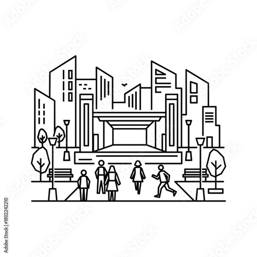 Urban cityscape line art illustration featuring diverse people walking and running amidst modern city buildings and park elements