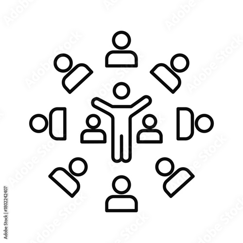 Central leader influencing a team outline icon, depicting group collaboration, connection, community focus.