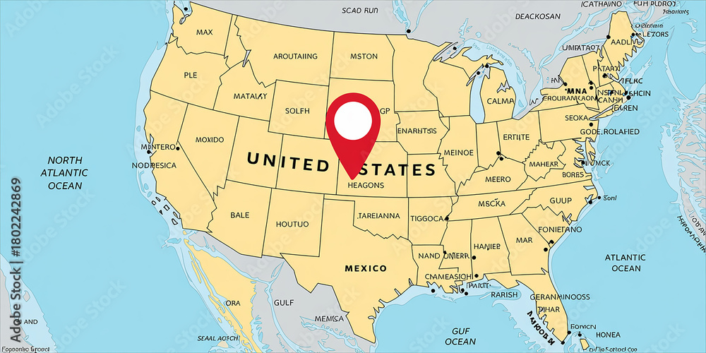 Fototapeta premium United States map with a red location pin marking a central point america