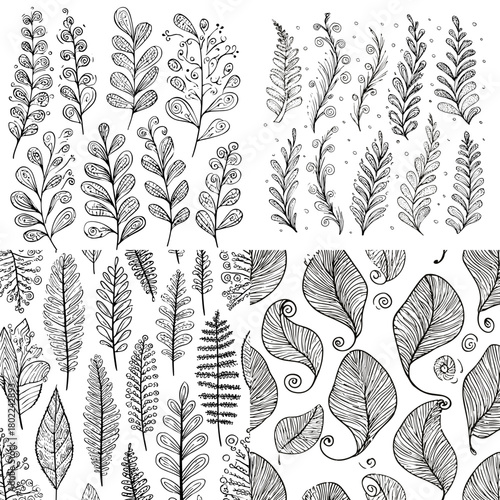 Hand drawn botanical leaves in elegant black ink linework. Natural decorative foliage set with delicate shapes and organic details for creative design and illustration projects.