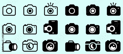 Clean camera symbol set featuring multiple photography styles, shutter shapes, flash elements, capture icons and lens forms, ideal for digital media, camera, photo, lens, flash, vector, icons.