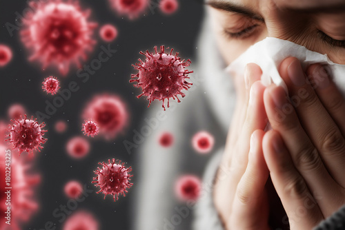 Sick person blowing nose with tissue, red virus particles float in air, illness infection and respiratory disease symptoms during flu season pandemic.
