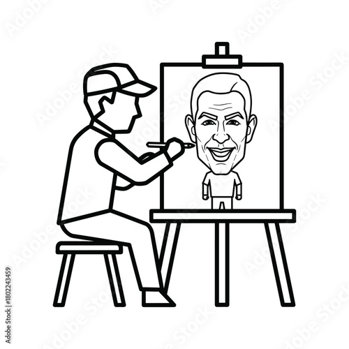 Cartoonist at easel sketching humorous caricature portrait of smiling man in outline art style.