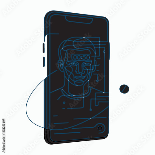 Smartphone displaying a blue line art illustration of a human face with digital circuit elements, representing facial recognition technology.
