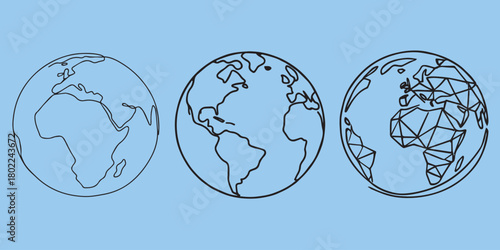 Three stylized globes depicting continents, with the third globe showing a geometric network overlay on Europe.