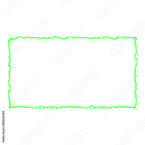 An abstract rectangular frame featuring a vibrant, glowing green electric energy border with a jagged edge, isolated with copy space on a white background