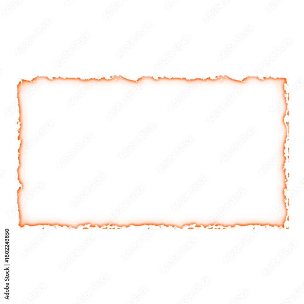 Obraz premium Abstract design element featuring a scorched rectangular border with glowing orange embers, like burnt parchment paper on a solid white background