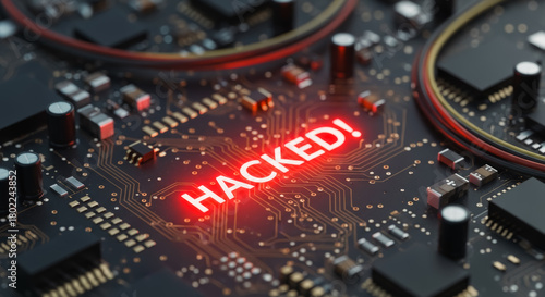 A circuit board with the word HACKED illuminated, symbolizing cyber security threat and vulnerability, shot in a way that evoke a sense of digital vulnerability. 