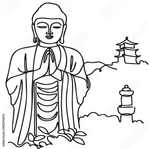 A continuous single line drawing of the Buddha praying, with a pagoda and a stupa in a minimalist landscape.