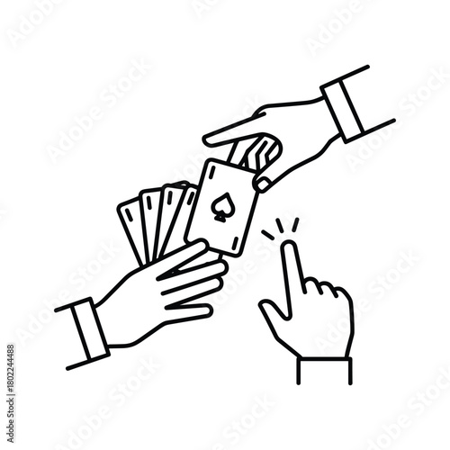 Magic card trick with hands, ace of spades revealed, illusion or game concept line art illustration vector